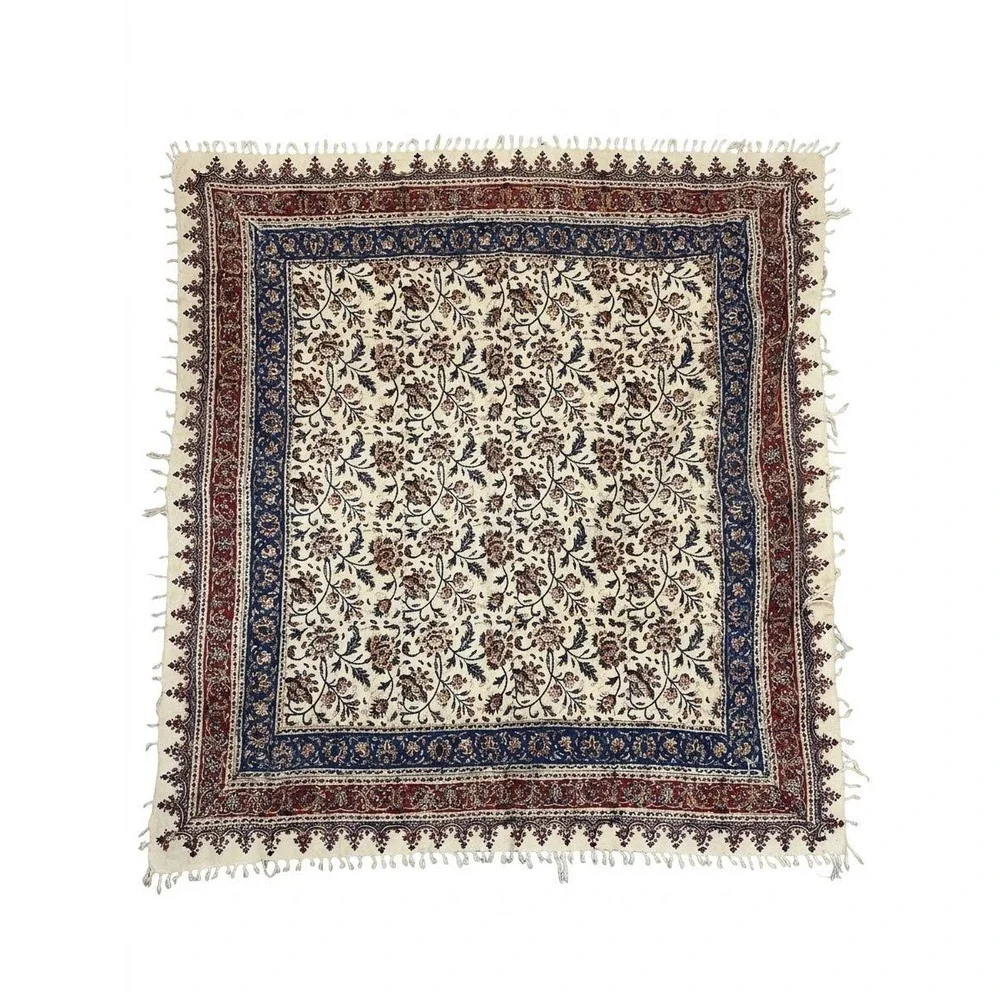Vintage Isfahan Block-Printed Cotton Tapestry Floral Tablecloth 55